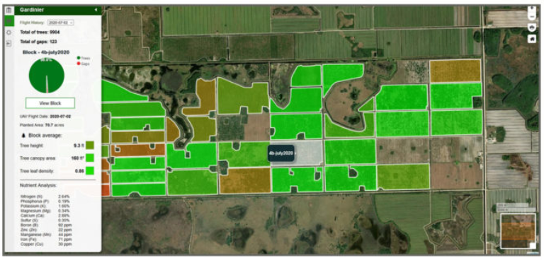 Agroview Screenshot showing map interface with selected details for a 75 acre citrus field